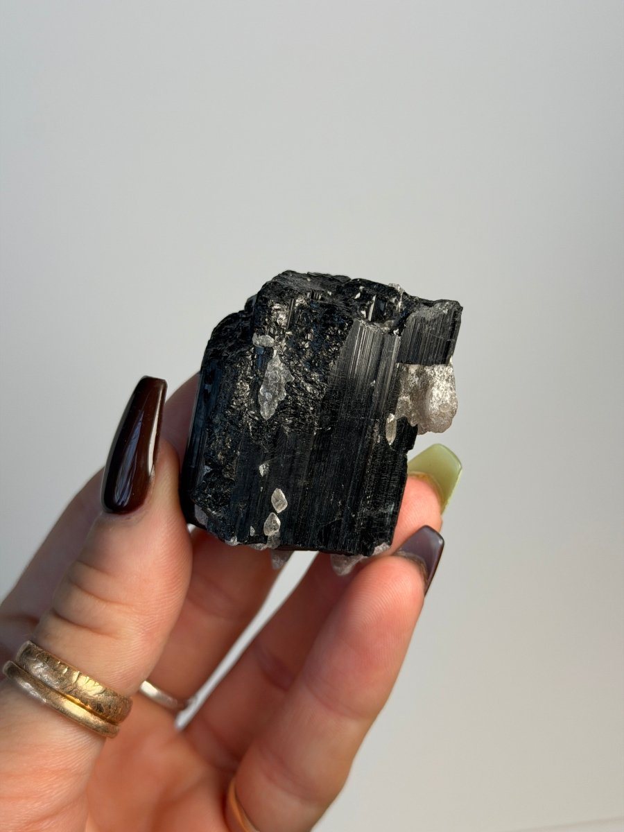 Black Tourmaline with Calcite, Madagascar Tourmaline Madagascar - Haus of Moss + Moon