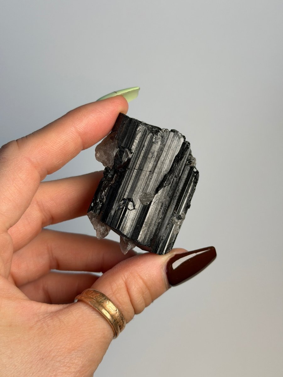 Black Tourmaline with Calcite, Madagascar Tourmaline Madagascar - Haus of Moss + Moon