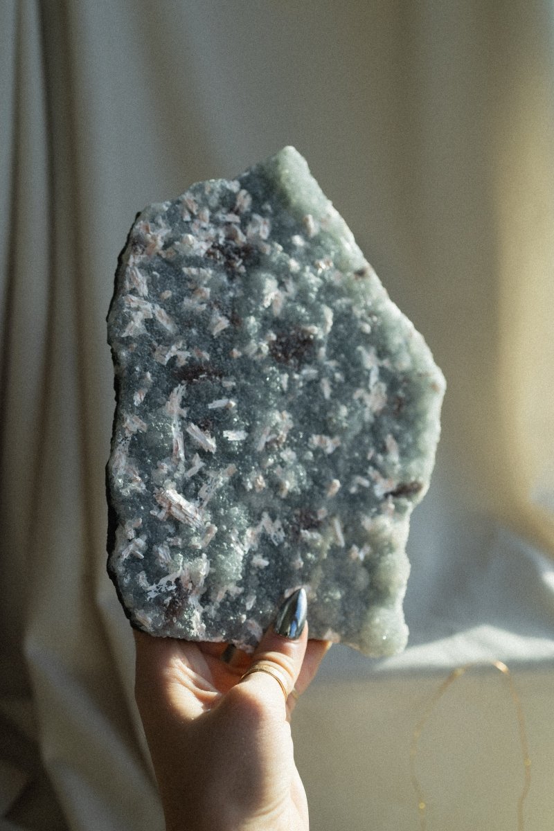 Blue Chalcedony Slab with Stilbite, Zeolites, E ZeolitesIndia - Haus of Moss + Moon