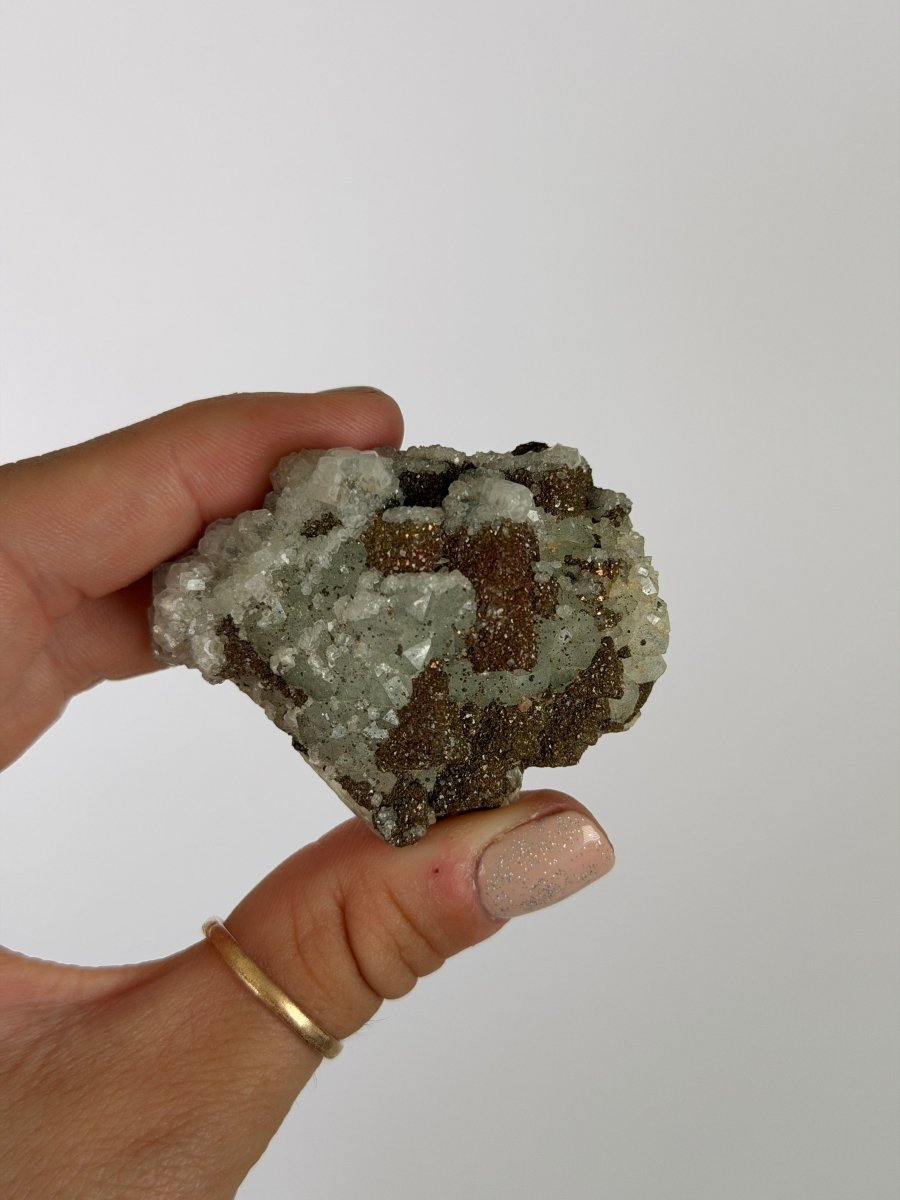 Green Fluorite with Quartz, Calcite and Chalcopyrite, Morocco FluoriteMorocco- Haus of Moss and Moon