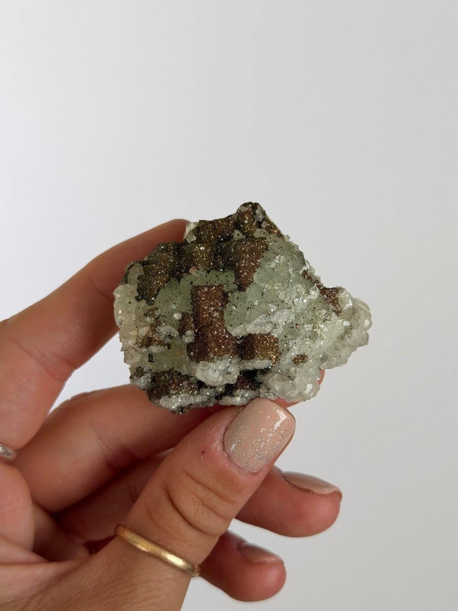 Green Fluorite with Quartz, Calcite and Chalcopyrite, Morocco FluoriteMorocco- Haus of Moss and Moon