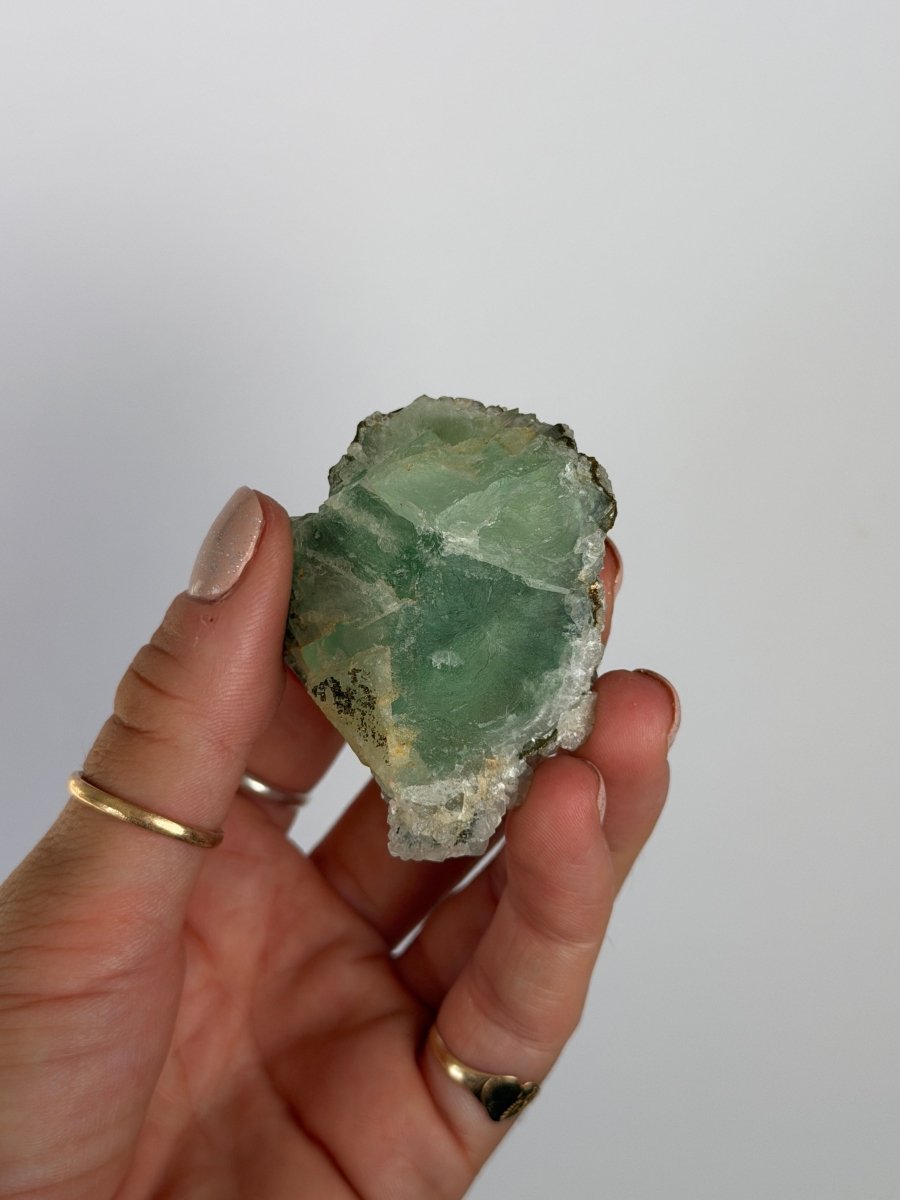 Green Fluorite with Quartz, Calcite and Chalcopyrite, Morocco FluoriteMorocco- Haus of Moss and Moon