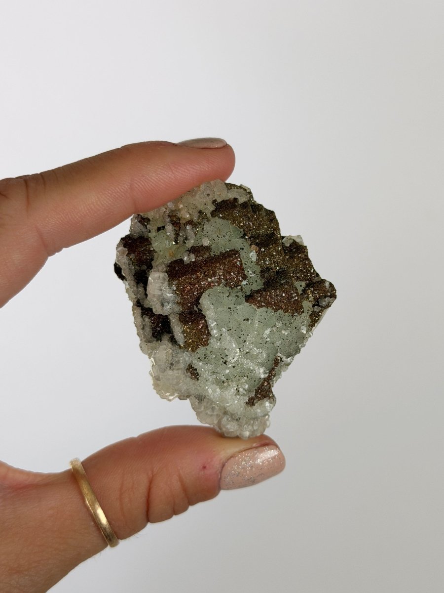 Green Fluorite with Quartz, Calcite and Chalcopyrite, Morocco FluoriteMorocco- Haus of Moss and Moon