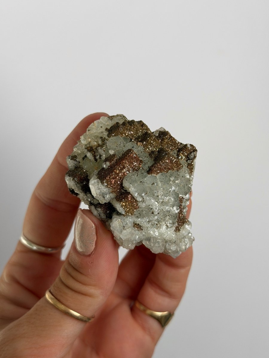 Green Fluorite with Quartz, Calcite and Chalcopyrite, Morocco FluoriteMorocco- Haus of Moss and Moon