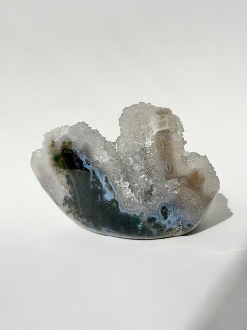 Semi Polished Moss Agate and Druzy stalactitic Quartz Moss Agate India - Haus of Moss and Moon