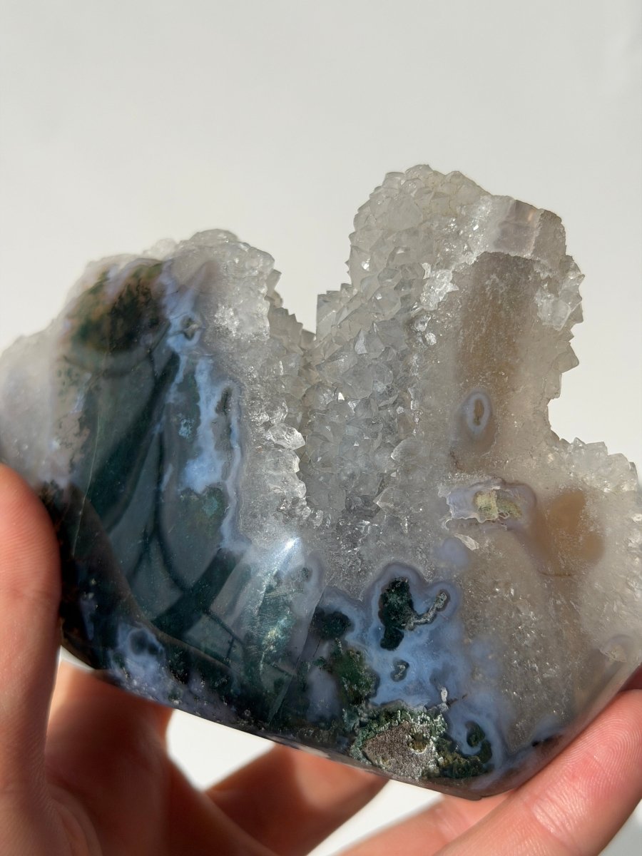 Semi Polished Moss Agate and Druzy stalactitic Quartz Moss AgateIndia - Haus of Moss and Moon