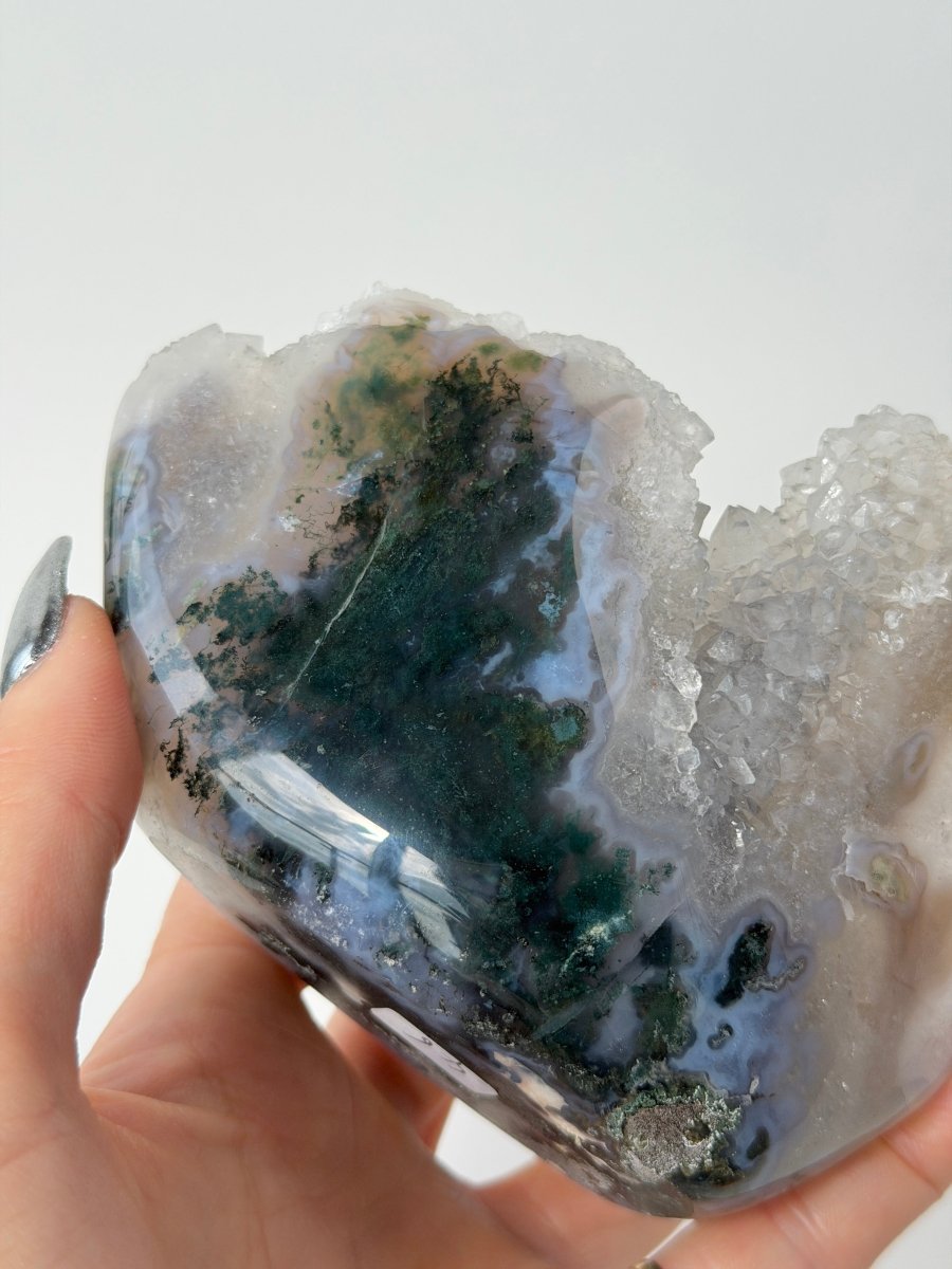 Semi Polished Moss Agate and Druzy stalactitic Quartz Moss AgateIndia - Haus of Moss and Moon