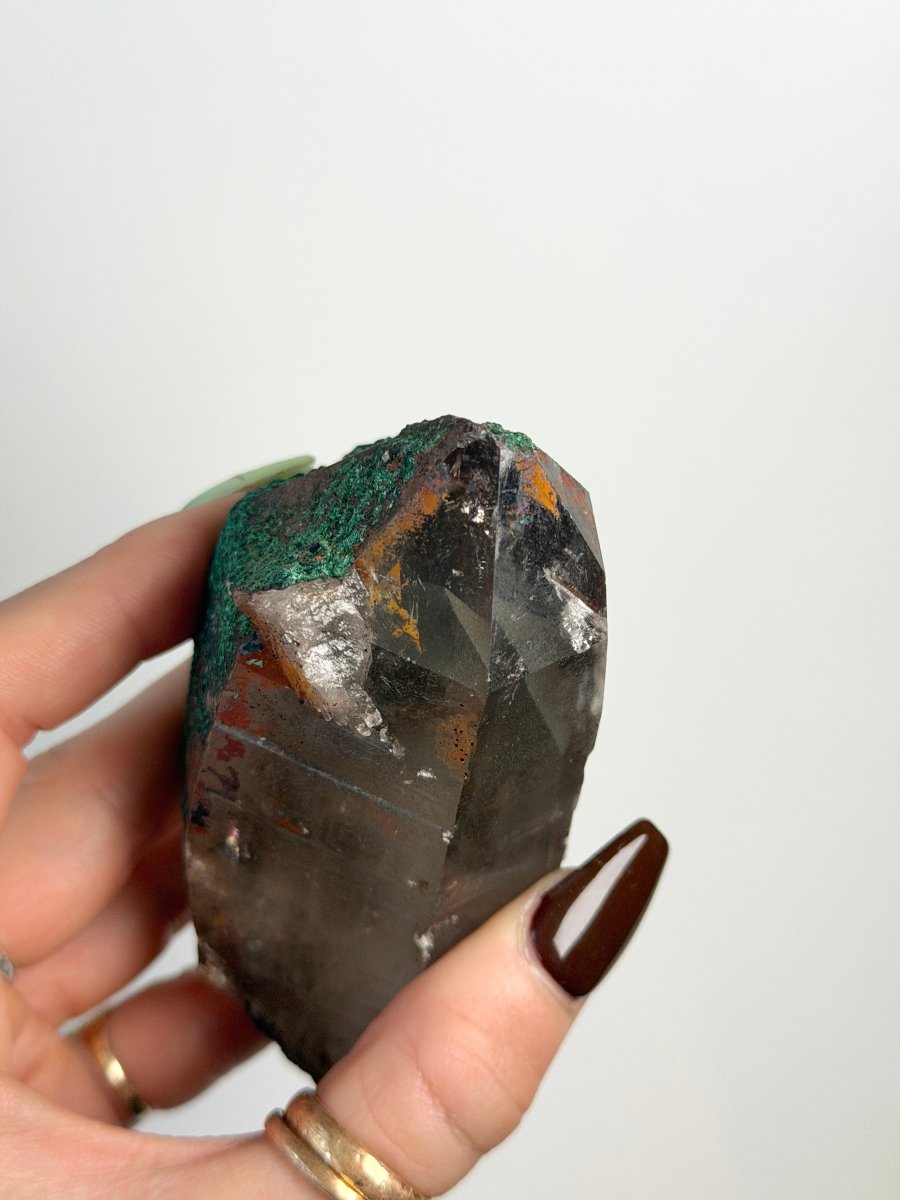 Smoky Quartz with Brochantite, Morocco Smoky Quartz Morocco - Haus of Moss + Moon